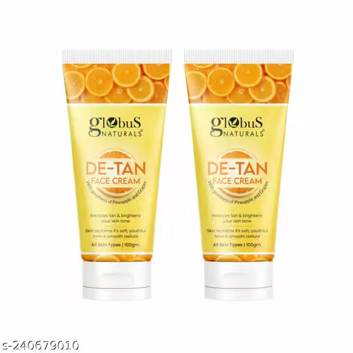 Globus Naturals De Tan Face Cream, Enriched with Pineapple & Grapes, Tan Removal, Anti Pollution & Oil Control Formula, Chemical Free, Cruelty Free, Suitable For All Skin Types, 100 gm