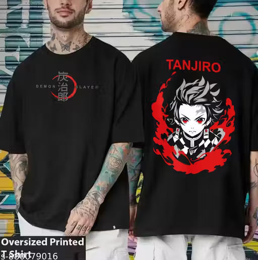 Garmin Men Oversized Drop-Shoulder Cotton T-Shirt | Demon Slayer Anime Graphic Print | Premium Soft & Breathable Casual Tshirt
