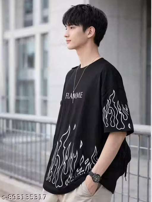 FLAMME Graphic Printed Men's Oversized T-shirt | Premium Cotton Blend Round Neck Half Sleeve Loose Fit Streetwear Tee | Trendy Fire Flame Print Casual Hip-Hop Style T-shirt for Men & Boys