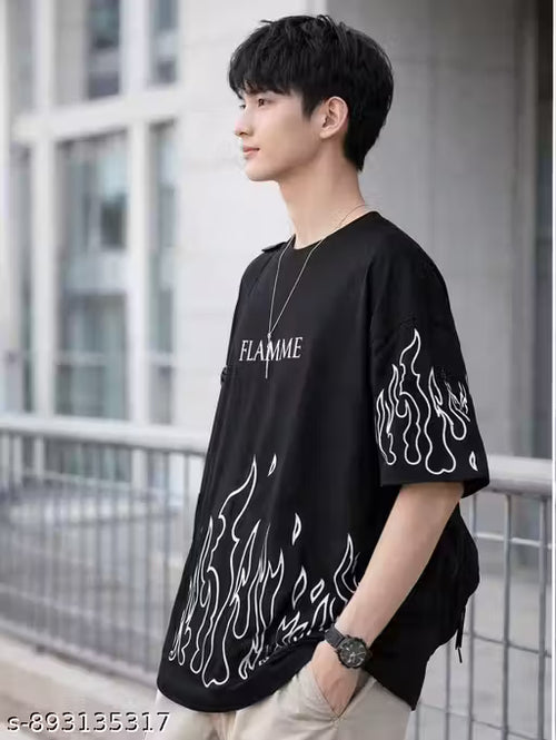 FLAMME Graphic Printed Men's Oversized T-shirt | Premium Cotton Blend Round Neck Half Sleeve Loose Fit Streetwear Tee | Trendy Fire Flame Print Casual Hip-Hop Style T-shirt for Men & Boys