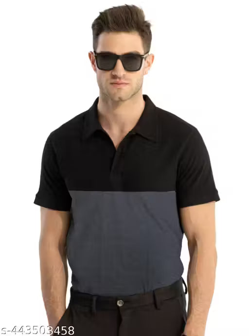 LEOTUDE Men's Colorblocked Regular Polo Black Tshirts