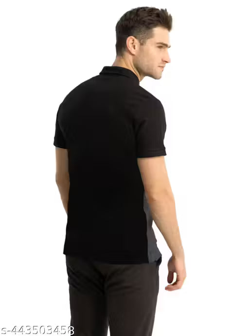 LEOTUDE Men's Colorblocked Regular Polo Black Tshirts