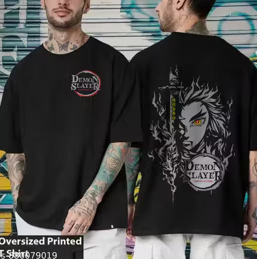 Garmin Men Oversized Drop-Shoulder Cotton T-Shirt | Demon Slayer Anime Graphic Print | Premium Soft & Breathable Casual Tshirt