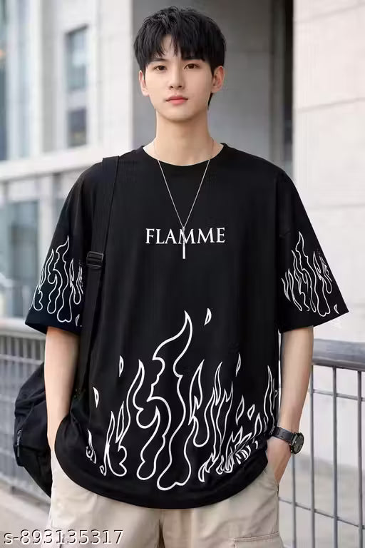 FLAMME Graphic Printed Men's Oversized T-shirt | Premium Cotton Blend Round Neck Half Sleeve Loose Fit Streetwear Tee | Trendy Fire Flame Print Casual Hip-Hop Style T-shirt for Men & Boys
