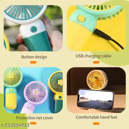 PACK OF 2 Portable Cartoon Shaped Handheld USB Rechargeable Small Fan & Student Desktop Phone Holder (Pack Of 2)