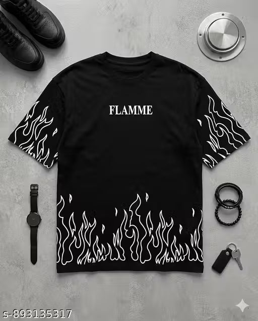 FLAMME Graphic Printed Men's Oversized T-shirt | Premium Cotton Blend Round Neck Half Sleeve Loose Fit Streetwear Tee | Trendy Fire Flame Print Casual Hip-Hop Style T-shirt for Men & Boys