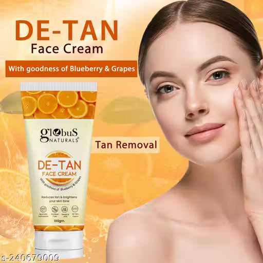 Globus Naturals De Tan Face Cream, Enriched with Pineapple & Grapes, Tan Removal, Anti Pollution & Oil Control Formula, Chemical Free, Cruelty Free, Suitable For All Skin Types, 100 gm