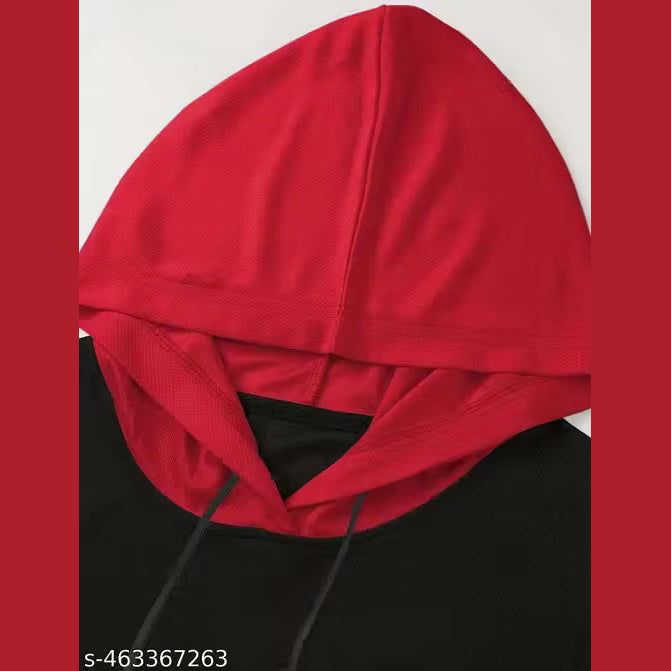 Men Colorblock Hooded Neck Polyester Red, Black T-Shirt