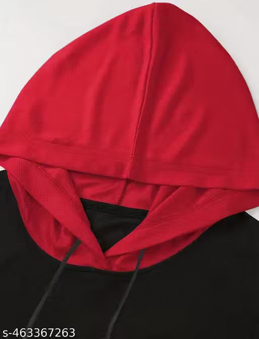 Men Colorblock Hooded Neck Polyester Red, Black T-Shirt