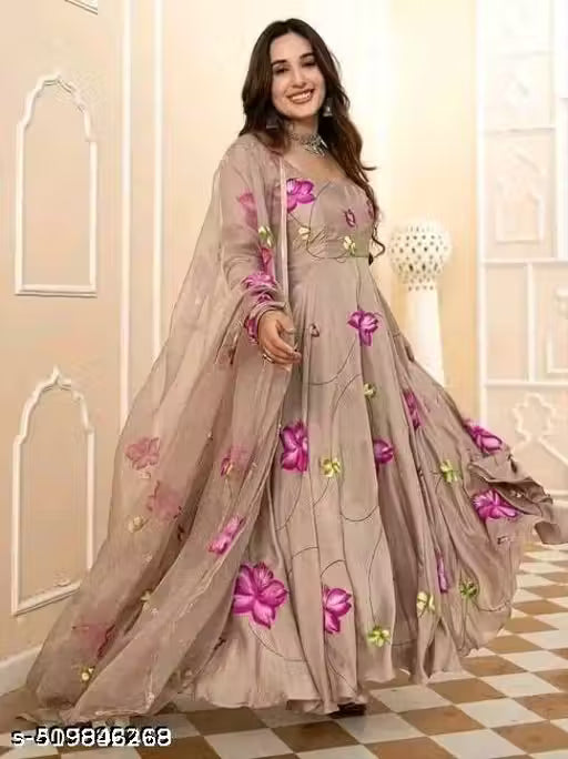 Women's poly Georgette SHIKU color Printed Party Wedding Fashion Gown With Matching Dupatta