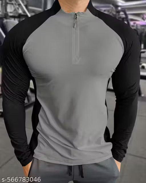 HENLEY NECK COLORBLOCKED FULL SLEEVE POLYSTER GYM TSHIRT FOR MEN