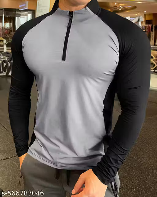 HENLEY NECK COLORBLOCKED FULL SLEEVE POLYSTER GYM TSHIRT FOR MEN