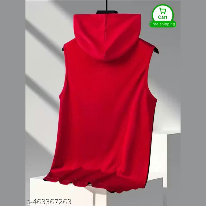Men Colorblock Hooded Neck Polyester Red, Black T-Shirt