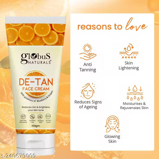 Globus Naturals De Tan Face Cream, Enriched with Pineapple & Grapes, Tan Removal, Anti Pollution & Oil Control Formula, Chemical Free, Cruelty Free, Suitable For All Skin Types, 100 gm