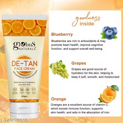 Globus Naturals De Tan Face Cream, Enriched with Pineapple & Grapes, Tan Removal, Anti Pollution & Oil Control Formula, Chemical Free, Cruelty Free, Suitable For All Skin Types, 100 gm