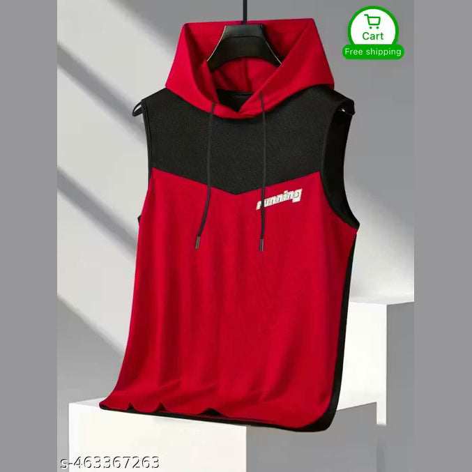 Men Colorblock Hooded Neck Polyester Red, Black T-Shirt