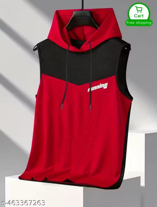 Men Colorblock Hooded Neck Polyester Red, Black T-Shirt