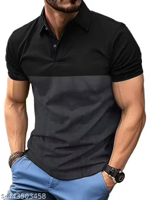 LEOTUDE Men's Colorblocked Regular Polo Black Tshirts