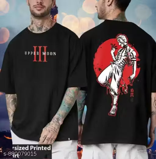 Garmin Men Oversized Drop-Shoulder Cotton T-Shirt | Demon Slayer Anime Graphic Print | Premium Soft & Breathable Casual Tshirt