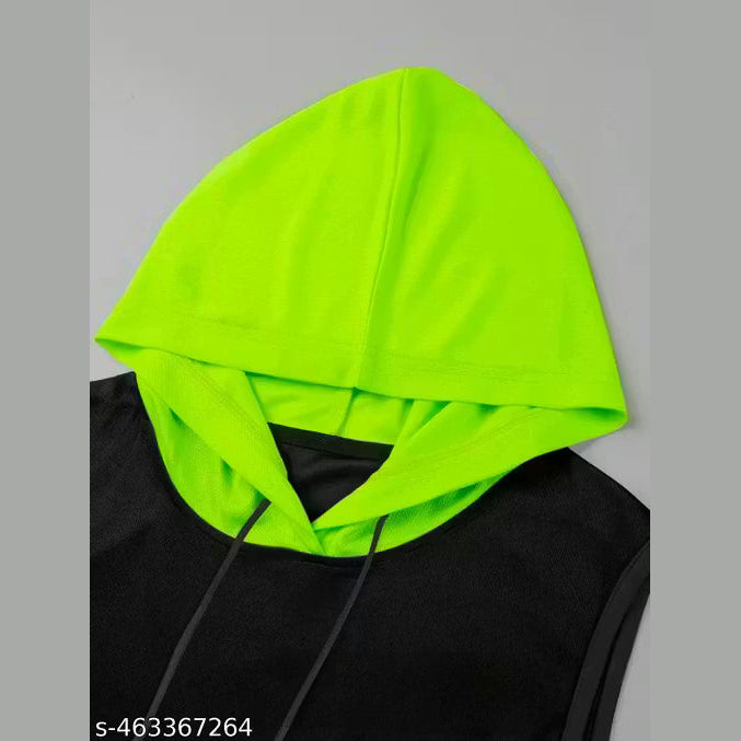 Men Colorblock Hooded Neck Polyester Red, Black T-Shirt