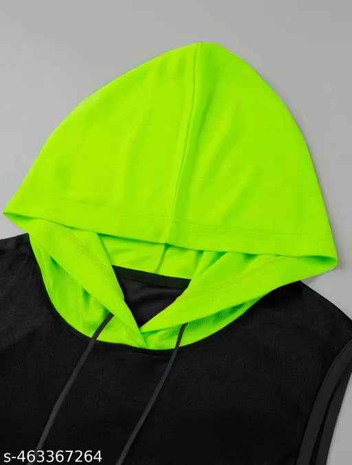 Men Colorblock Hooded Neck Polyester Red, Black T-Shirt