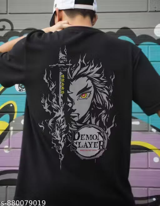 Garmin Men Oversized Drop-Shoulder Cotton T-Shirt | Demon Slayer Anime Graphic Print | Premium Soft & Breathable Casual Tshirt