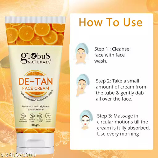 Globus Naturals De Tan Face Cream, Enriched with Pineapple & Grapes, Tan Removal, Anti Pollution & Oil Control Formula, Chemical Free, Cruelty Free, Suitable For All Skin Types, 100 gm
